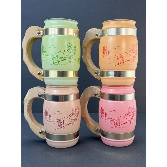 Vtg Siesta Ware Mugs 4 Set Frosted Wood Handles Tiki Bar Mid Century Tropical - Picture 3 of 10